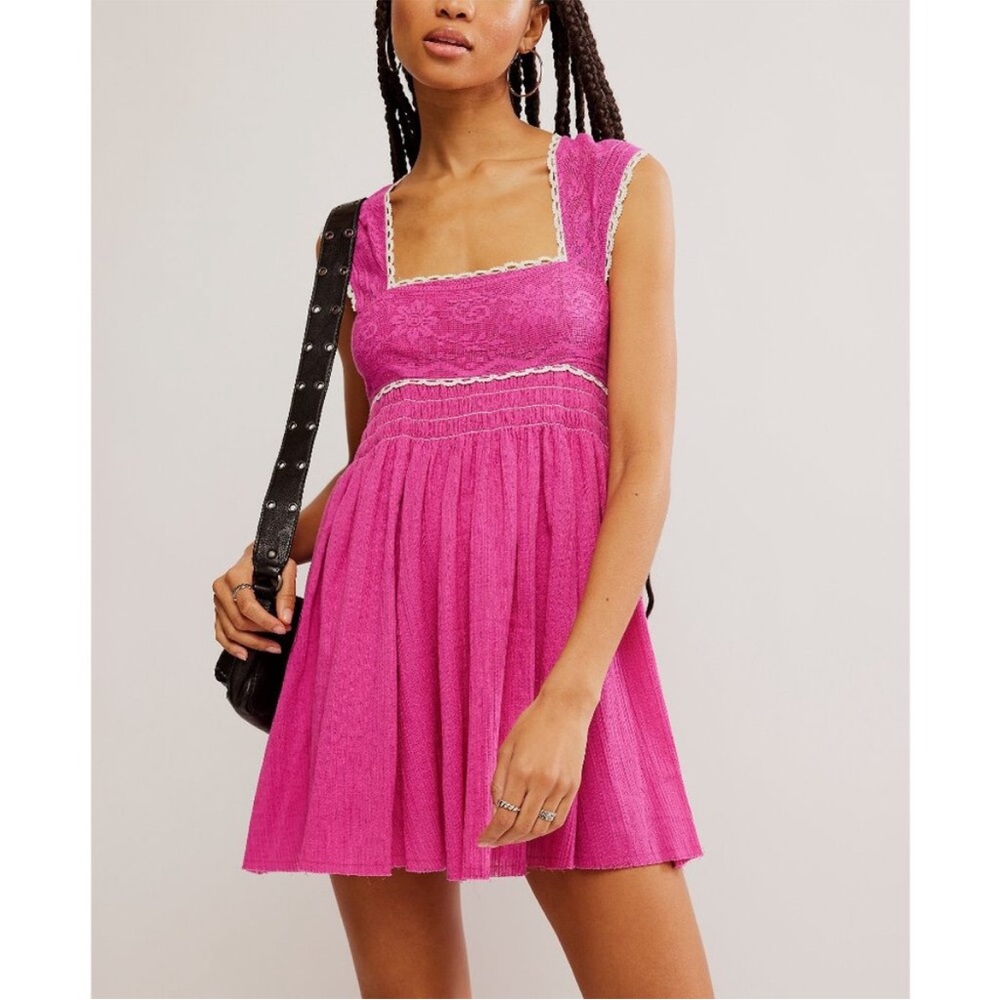NWT Free People berry pink Lacey flows babydoll mini dress size L